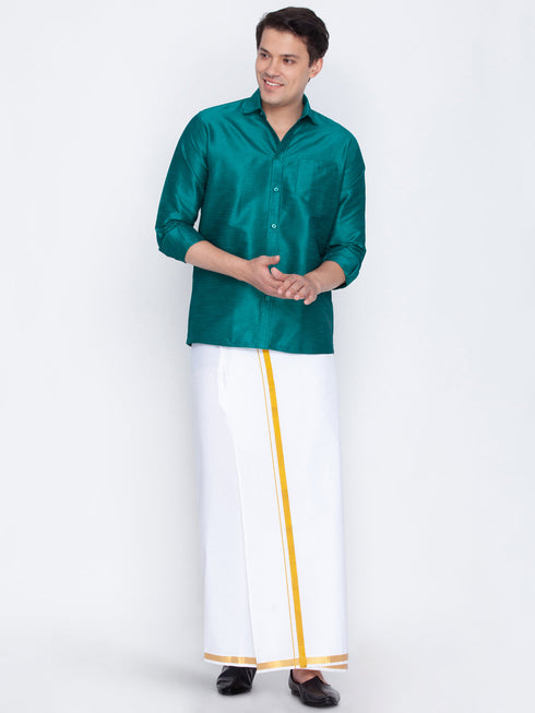 Vastramay Men's Green Cotton Silk Blend Shirt and Mundu Set